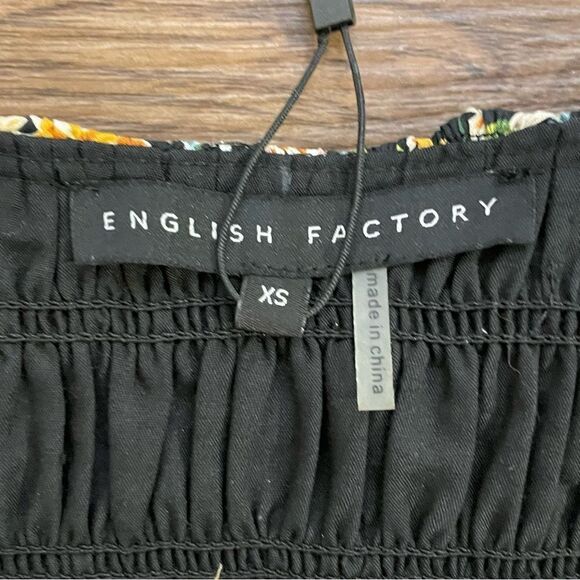 NWT ENGLISH FACTORY Plunge Smocked Cotton Floral Mini Dress Yellow Black Blue XS - Picture 12 of 16